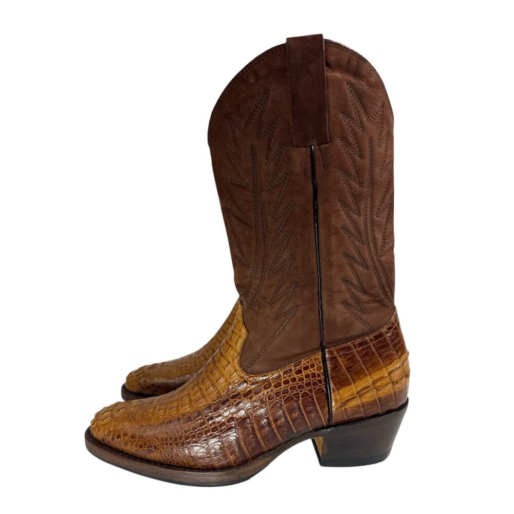 Men’s Custom Made Western Cowboy Boots Croc Embossed Leather Brown US 9.5 New - Picture 3 of 13